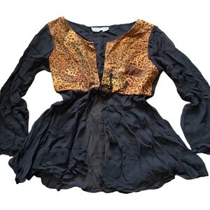 Vintage Leopard Suede Patchwork Sheer Black Babydoll Tunic Top L